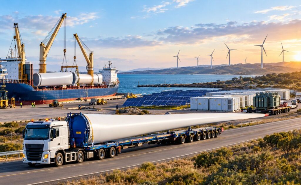 Wind turbine blade transportation in Australia with solar panels and wind farm